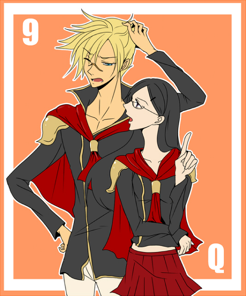 black_hair blonde_hair blue_eyes cape final_fantasy final_fantasy_type-0 glasses nine_(fft-0) purple_eyes queen_(fft-0) scar skirt
