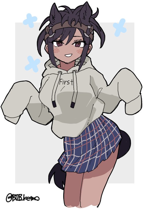 1girl animal_ears b0b_kemo blue_skirt brown_hair brown_thoroughbred_(kemono_friends) casual cowboy_shot dark_skin drawstring extra_ears grey_hoodie headgear hood hood_down hoodie horse_ears horse_girl horse_tail kemono_friends kemono_friends_3 long_sleeves looking_at_viewer official_alternate_costume plaid_clothes plaid_skirt pleated_skirt short_hair sidelocks skirt sleeves_past_wrists solo tail