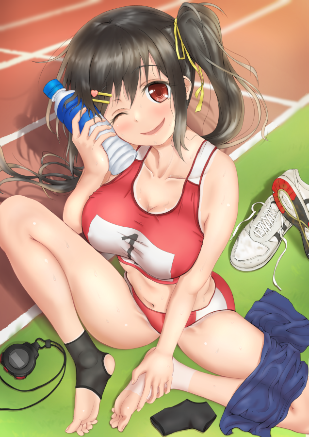 1girl barefoot bottle breasts brown_hair cleavage hair_ornament hairpin heart heart_hair_ornament kawosu_shikou large_breasts long_hair looking_at_viewer moe2017 navel original red_eyes smile soles solo sports_bikini sports_bra sweat tan timer track_suit track_uniform twintails water_bottle
