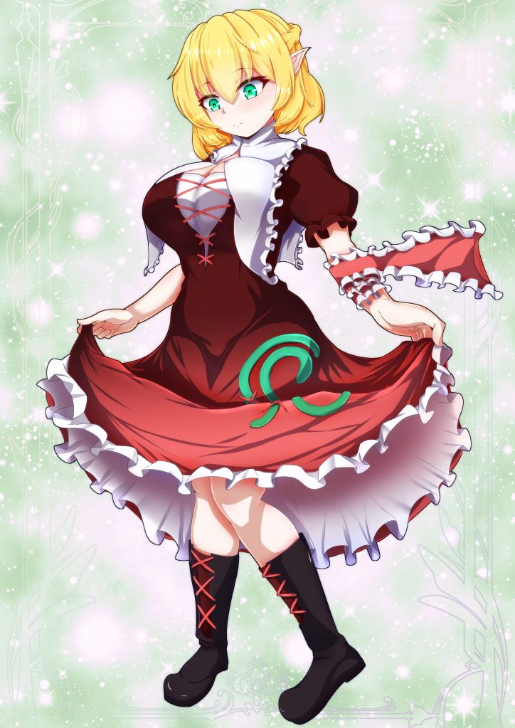 1girl black_boots blonde_hair blush boots braid breasts brown_dress closed_mouth collared_shirt commentary_request cosplay dollyspica dress eyes_visible_through_hair frills full_body gradient_background green_background green_eyes hair_between_eyes hands_up kagiyama_hina kagiyama_hina_(cosplay) large_breasts leaf looking_down mizuhashi_parsee pointy_ears puffy_short_sleeves puffy_sleeves red_dress shirt short_hair short_sleeves solo sparkle sparkle_background standing touhou white_background