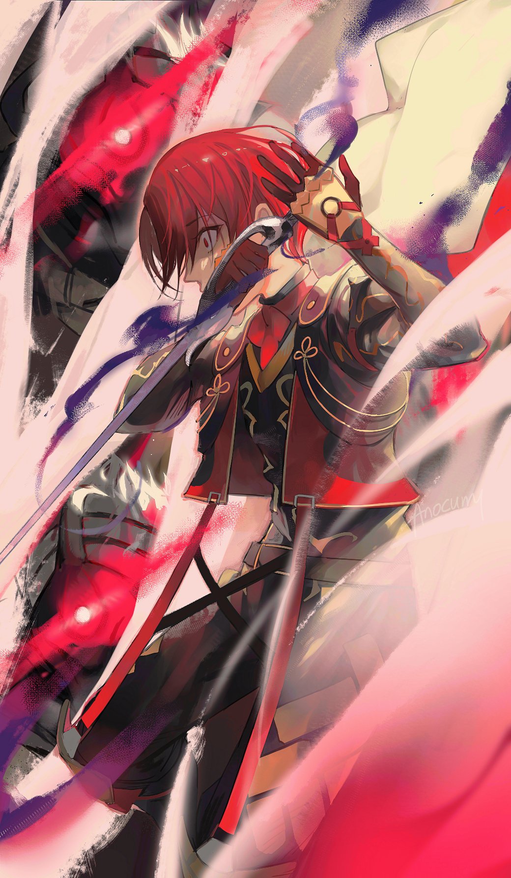 1boy anocurry belt constricted_pupils fire_emblem fire_emblem_engage glowing glowing_eyes highres holding holding_sword holding_weapon male_alear_(fell_dragon)_(fire_emblem) male_alear_(fell_dragon_child)_(fire_emblem) male_alear_(fire_emblem) male_focus nintendo red_eyes red_hair sword weapon