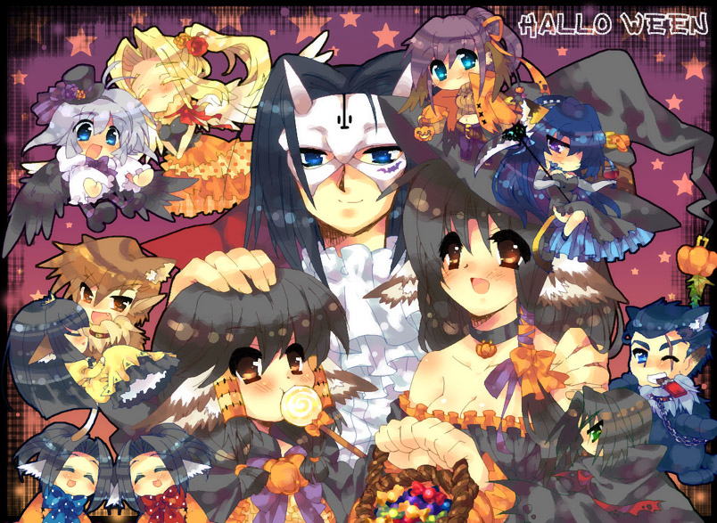 00s 6+boys 6+girls animal_ears aruruu benawi brothers candy collar dorry_(utawarerumono) eruruu everyone food guraa hakuowlo halloween harenotihimawari head_wings camyu karulau kurou_(utawarerumono) lollipop mask multiple_boys multiple_girls oboro_(utawarerumono) siblings swirl_lollipop touka_(utawarerumono) twins ulthury utawarerumono wings yuzuha_(utawarerumono)