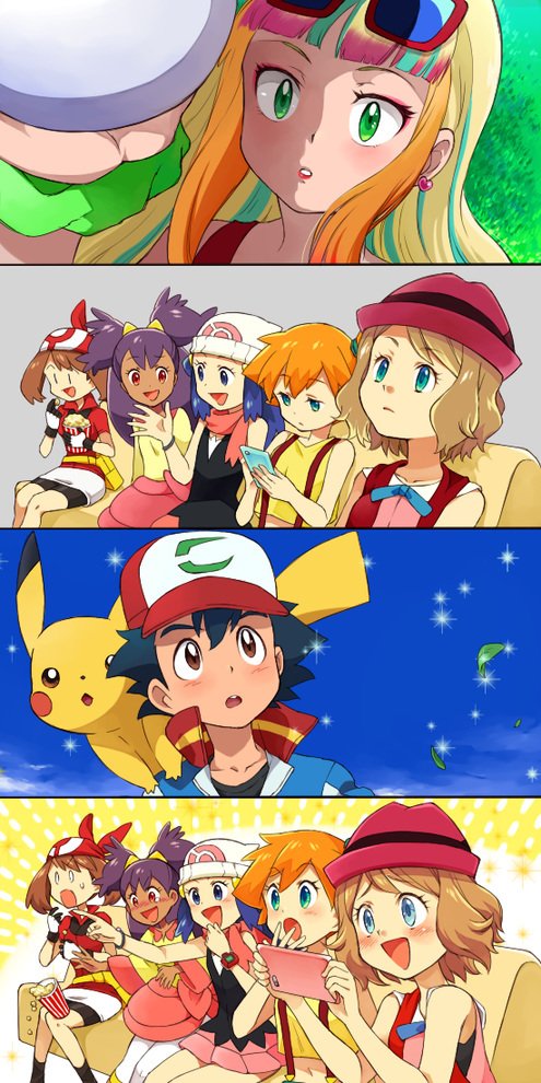 0_0 1boy 4koma 6+girls :d :o animal animal_on_shoulder aqua_hair ash_ketchum bandana bare_shoulders baseball_cap beanie bike_shorts black_gloves black_hair blue_bow blue_eyes blue_hair blue_neckwear blue_sky blunt_bangs blush bored bow bowtie breasts brown_eyes brown_hair cellphone cheering cloud collarbone comic commentary_request couch covering_own_mouth cowboy_shot crop_top dawn_(pokemon) day earrings emblem emphasis_lines expressionless eye_contact eyeshadow eyewear_on_head food from_side gaijin_4koma_(meme) gen_1_pokemon gloves grass green_eyes green_scrunchie hair_between_eyes hair_ornament hair_tie hairclip half-closed_eyes hand_over_own_mouth hand_up hands_up happy hat heart heart_earrings high_collar holding holding_phone indoors iris_(pokemon) jacket jewelry knees_together_feet_apart leaf leggings legs_together lipstick long_hair long_sleeves looking_afar looking_at_another looking_at_viewer looking_down looking_up makeup may_(pokemon) meme midriff miniskirt misty_(pokemon) multicolored_gloves multicolored_hair multicolored_headwear multiple_girls multiple_views nintendo no_pupils nose_blush on_couch open_clothes open_mouth open_vest orange_hair outdoors parted_bangs phone pikachu pink_bow pink_hair pink_hat pink_scarf pink_skirt pleated_skirt pointing poke_ball_print pokemon pokemon_(anime) pokemon_(classic_anime) pokemon_(creature) pokemon_bw_(anime) pokemon_dppt_(anime) pokemon_rse_(anime) pokemon_the_movie:_the_power_of_us pokemon_xy_(anime) popcorn purple_hair raised_eyebrows red-framed_eyewear red_eyes red_hat red_lips red_shirt red_vest risa_(pokemon) sasairebun scarf scrunchie serena_(pokemon) shadow shirt short_hair short_hair_with_long_locks short_sleeves side-by-side side_ponytail sidelocks sitting skirt sky sleeveless_duster small_breasts smile sparkle spilling straight_hair streaked_hair striped sunglasses surprised suspenders sweatdrop swept_bangs taking_picture tank_top textless_version two_side_up upper_body vertical_stripes vest watch white_gloves white_hat wide-eyed wide_sleeves wrist_scrunchie wristwatch yellow_tank_top |_|
