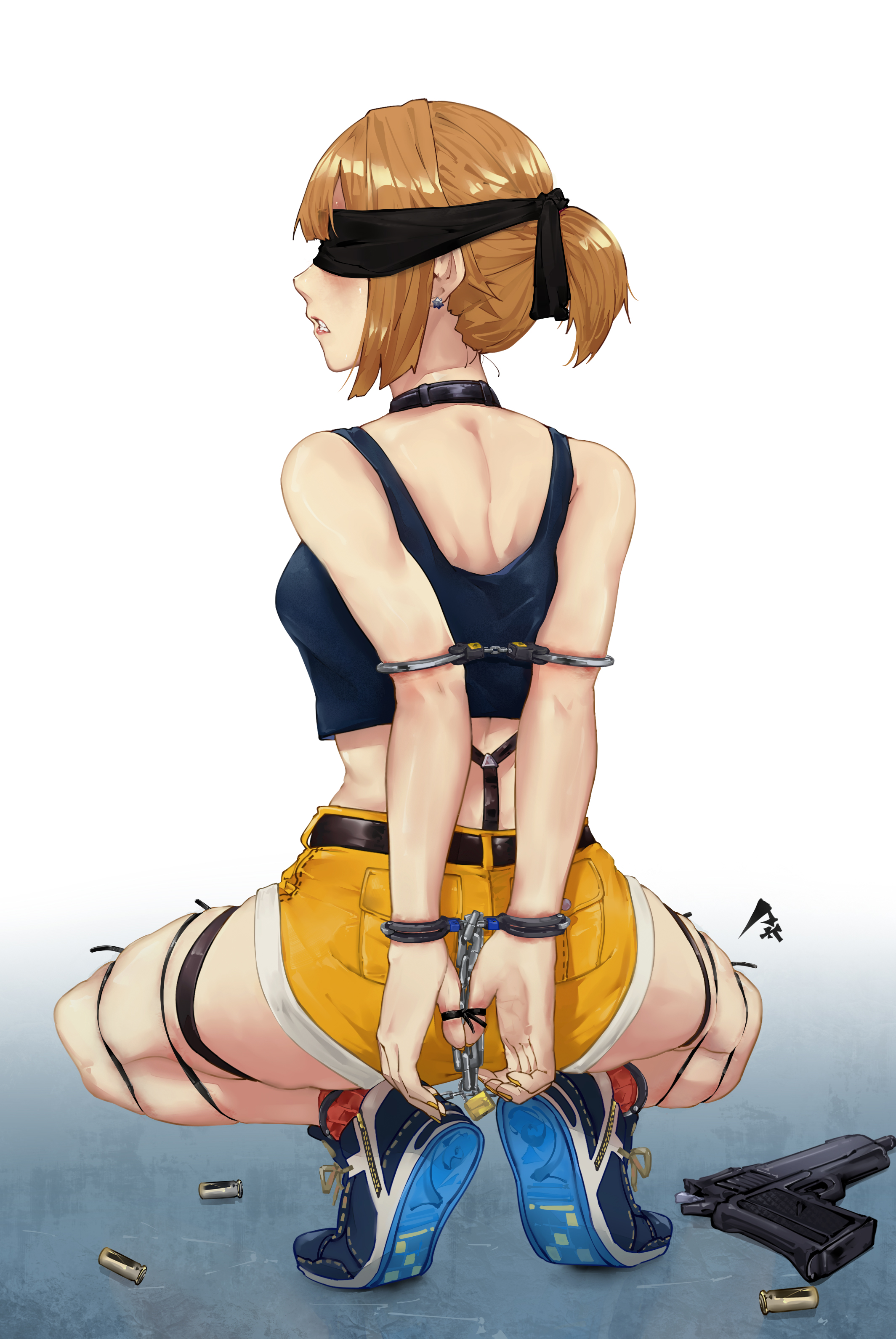 .50_action-express 1girl absurdres action_arms arms_behind_back bdsm blindfold blue_footwear bondage bound breasts shell_casing chain choker commercial_cartridge commission cuffs earrings from_behind full_body girls'_frontline grizzly_mkv_(girls'_frontline) grizzly_mkv_(weekend_cop)_(girls'_frontline) gun hair_ornament hair_scrunchie handcuffs handgun handgun_cartridge highres jewelry l.a.r._manufacturing lar_grizzly_win_mag lock looking_back magnum_cartridge official_alternate_costume padlock pick'k pistol_cartridge ponytail restrained scrunchie second-party_source shell_casing short_hair short_ponytail short_shorts shorts skindentation socks squatting tank_top thigh_strap weapon yellow_shorts