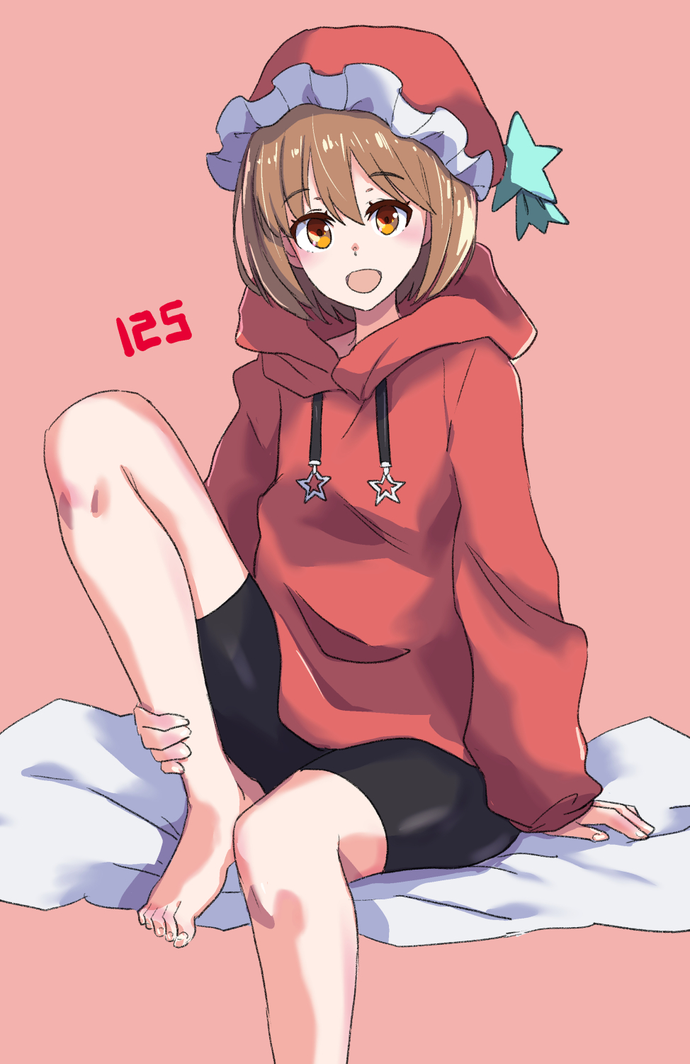 1girl :d adapted_costume arm_support bare_legs barefoot bike_shorts blush brown_eyes brown_hair foot_out_of_frame hat highres jack_(wkm74959) knee_up looking_at_viewer lyrica_prismriver open_mouth red_sweater simple_background smile sweater toes touhou
