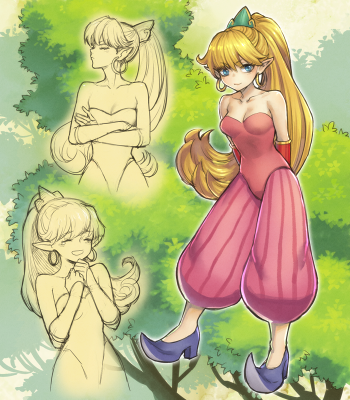 1girl bare_shoulders blonde_hair blue_eyes breasts closed_mouth earrings hoop_earrings jewelry long_hair looking_at_viewer pants pointy_ears ponytail primm_(seiken_densetsu_2) seiken_densetsu seiken_densetsu_2 smile solo tree uboar