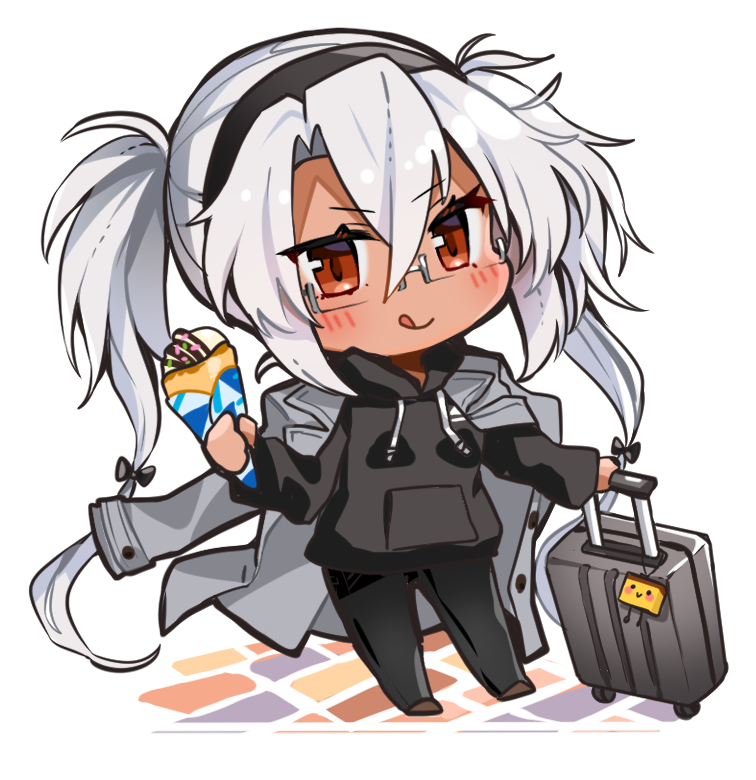 1girl alternate_costume black_hairband black_pants black_sweater brown_eyes chibi coat coat_on_shoulders crepe dark-skinned_female dark_skin food glasses grey_coat hairband hood hooded_sweater hoodie kantai_collection luggage musashi_(kancolle) musashi_kai_ni_(kancolle) pants rectangular_eyewear rolling_suitcase semi-rimless_eyewear simple_background solo standing suitcase sweater tongue tongue_out twintails white_background yunamaro