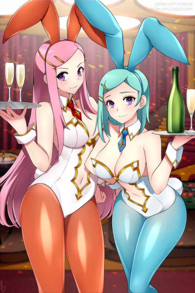 2girls alcohol anemone_(eureka_seven) animal_ears aqua_hair aqua_pantyhose artoria_pendragon_(fate) artoria_pendragon_(lancer)_(fate) artoria_pendragon_(lancer)_(fate)_(cosplay) bare_shoulders blue_neckwear breasts champagne champagne_bottle champagne_flute clothing_cutout collar collarbone commentary commission cosplay cup curtains curvy detached_collar drinking_glass english_commentary eureka_(eureka_seven) eureka_seven eureka_seven_(series) fake_animal_ears hair_ornament hairclip hand_on_own_hip holding holding_tray large_breasts leaning_forward leotard lindaroze long_hair looking_at_viewer looking_to_the_side medium_breasts medium_hair multiple_girls navel navel_cutout necktie orange_legwear pantyhose pink_hair playboy_bunny purple_eyes rabbit_ears red_neckwear roulette_table shiny_clothes shiny_legwear short_necktie smile sparkle stairs swept_bangs table tray wrist_cuffs