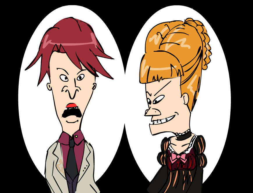 2boys beatrice_(cosplay) beatrice_(umineko) beavis beavis_and_butt-head beavis_and_butthead blonde_hair bow braid butt-head choker cosplay crossdressing d: dress dress_shirt fusion jacket multiple_boys non-web_source open_mouth parody pink_bow red_hair shirt smile teeth umineko_no_naku_koro_ni ushiromiya_battler ushiromiya_battler_(cosplay) vest witch