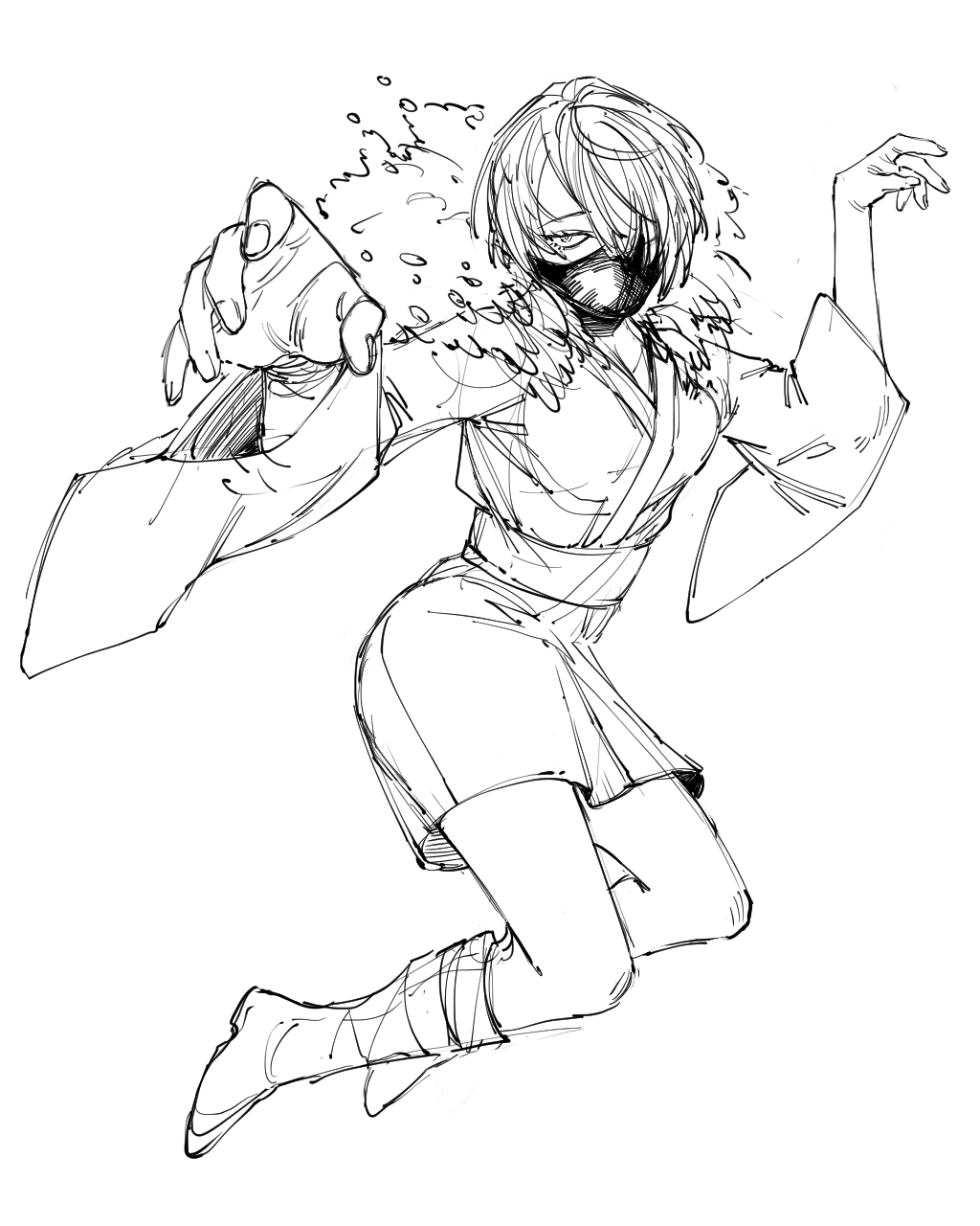 1girl boku_no_hero_academia breasts engawaji full_body fur_trim greyscale highres japanese_clothes kimono kneehighs looking_at_viewer mask monochrome short_hair sketch small_breasts socks solo wide_sleeves yanagi_reiko