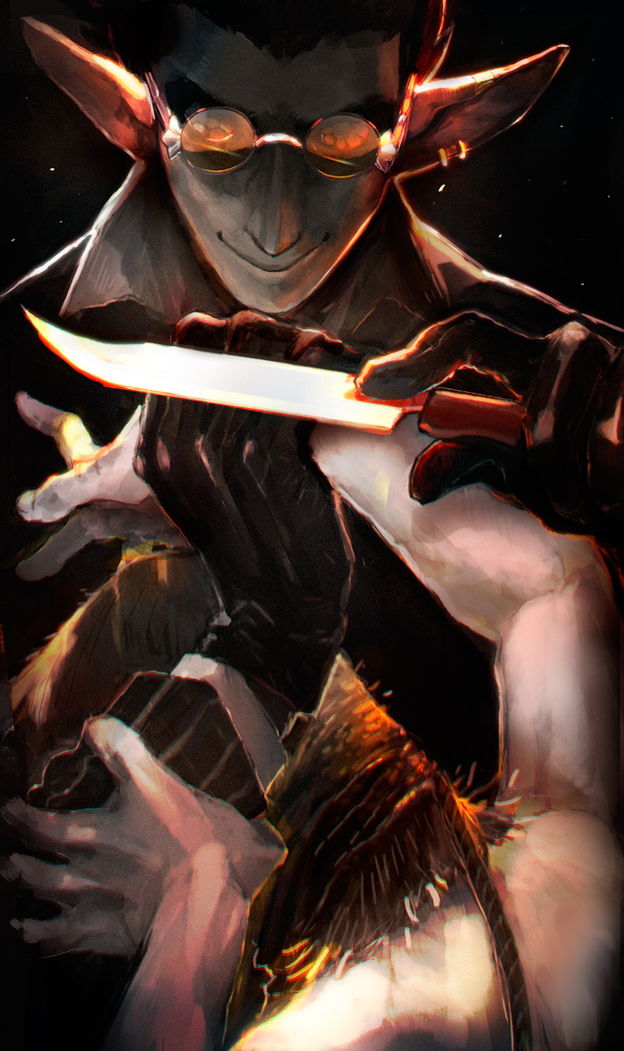 1boy 1other black_hair demiurge_(overlord) demon_boy diamond_(gemstone) ear_piercing evil_smile formal_clothes glasses hair_slicked_back holding holding_another&#039;s_wrist holding_knife horocca knife looking_at_viewer overlord_(maruyama) piercing pointy_ears smile suit vertical-striped_suit