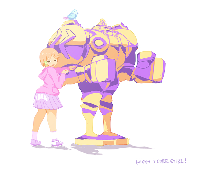 1girl alternate_color bad_id bad_pixiv_id bird commentary copyright_name hidaka_koharu high_score_girl hood hoodie light_brown_hair paw_shoes huitzil_(darkstalkers) pink_hoodie pleated_skirt robot shoes short_hair skirt socks standing takke_(sotender) darkstalkers white_background
