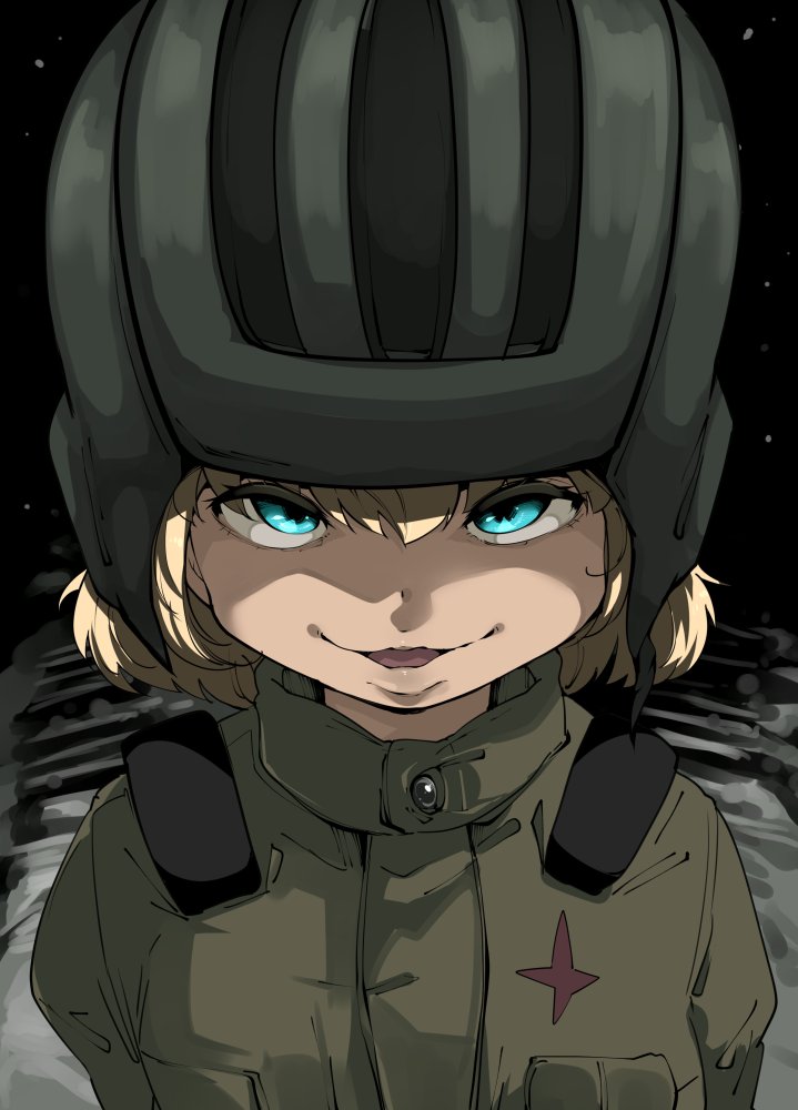 1girl anime_coloring black_background blonde_hair blue_eyes breast_pocket buttons commentary_request girls_und_panzer green_jumpsuit hair_between_eyes helmet jumpsuit katyusha_(girls_und_panzer) looking_at_viewer military_uniform open_mouth pocket pravda_military_uniform short_hair simple_background smile snowing solo star_(symbol) star_print takato_kurosuke tank_helmet upper_body