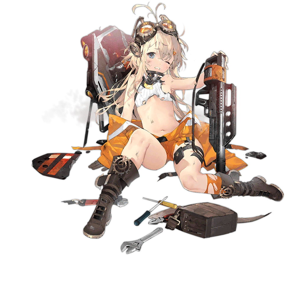 1girl anti-personnel_mine anti-personnel_weapon automatic_shotgun ballistic_shield black_gloves blonde_hair blow-forward_firearm blue_eyes boots breasts brown_boots bullpup cassette_magazine character_name clothes_pull colored_shoe_soles copyright_name crop_top crushed cylinder cylinder_(weapon) damaged english_text explosive eyewear_on_head floor full_body gas-seal_revolver gears girls&#039;_frontline gloves goggles goggles_on_head gun hair_ornament hairclip hand_on_floor holding holding_gun holding_weapon jacket jacket_pull lightning_holes long_hair looking_at_viewer mine_(weapon) mk3a1_(girls&#039;_frontline) mouth_hold namyo navel official_art on_floor one_eye_closed open_clothes open_jacket open_mouth orange_jacket orange_shorts orange_socks pancor_corporation pancor_jackhammer pancor_jackhammer_mk3a1 promotional_art prototype_design revolver_shotgun safety_glasses screwdriver shield shield_module shorts shotgun simple_background single_glove small_breasts socks solo teeth_hold tool_belt tools torn_clothes torn_jacket torn_socks transparent_background weapon wrench