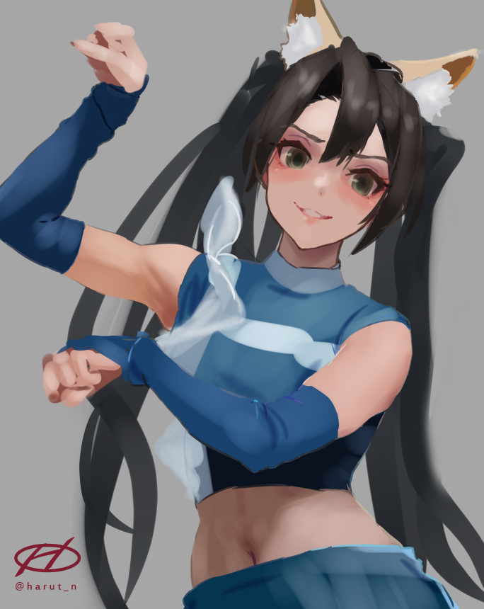 1girl animal_ears artist_logo black_hair blue_shirt blue_skirt cheerleader crop_top detached_sleeves fake_animal_ears fox_ears grey_background grey_eyes haruto_(harut_n) hokkaido_nippon-ham_fighters kantai_collection kitsune_dance layered_skirt logo midriff navel nippon_professional_baseball official_alternate_costume one-hour_drawing_challenge parted_lips paw_pose shirt skirt sleeveless sleeveless_shirt smile solo upper_body zuikaku_(cheerleader)_(kancolle) zuikaku_(kancolle)