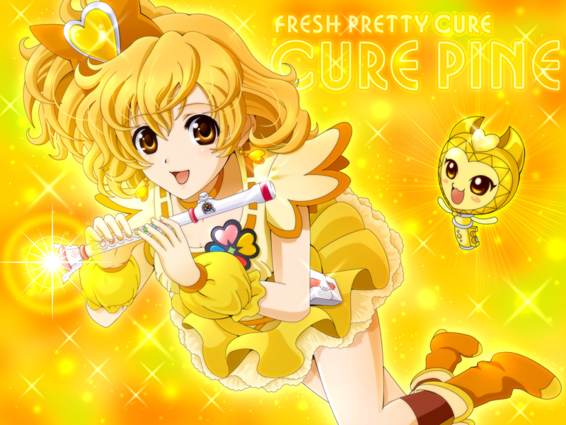 00s 1girl blonde_hair boots character_name choker copyright_name cure_pine dress flute fresh_precure! hair_ornament heart heart_hair_ornament instrument jewelry kirun magical_girl miniskirt precure sekken_kasu_barrier skirt yamabuki_inori yellow_background yellow_eyes yellow_skirt yellow_theme