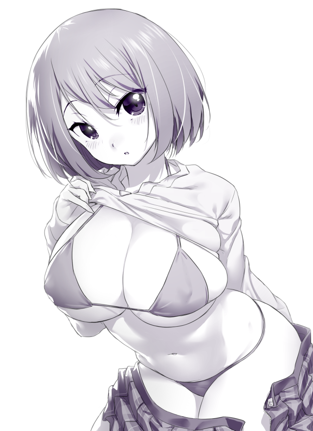 1girl bikini blush bob_cut breasts clothes_lift covered_erect_nipples large_breasts leaning_forward lifting_own_clothes long_sleeves looking_at_viewer monochrome navel onsoku_inu open_clothes open_skirt parted_lips pleated_skirt purple_eyes purple_theme saki_(manga) shirt_lift short_hair simple_background skindentation skirt solo swimsuit unozawa_shiori white_background