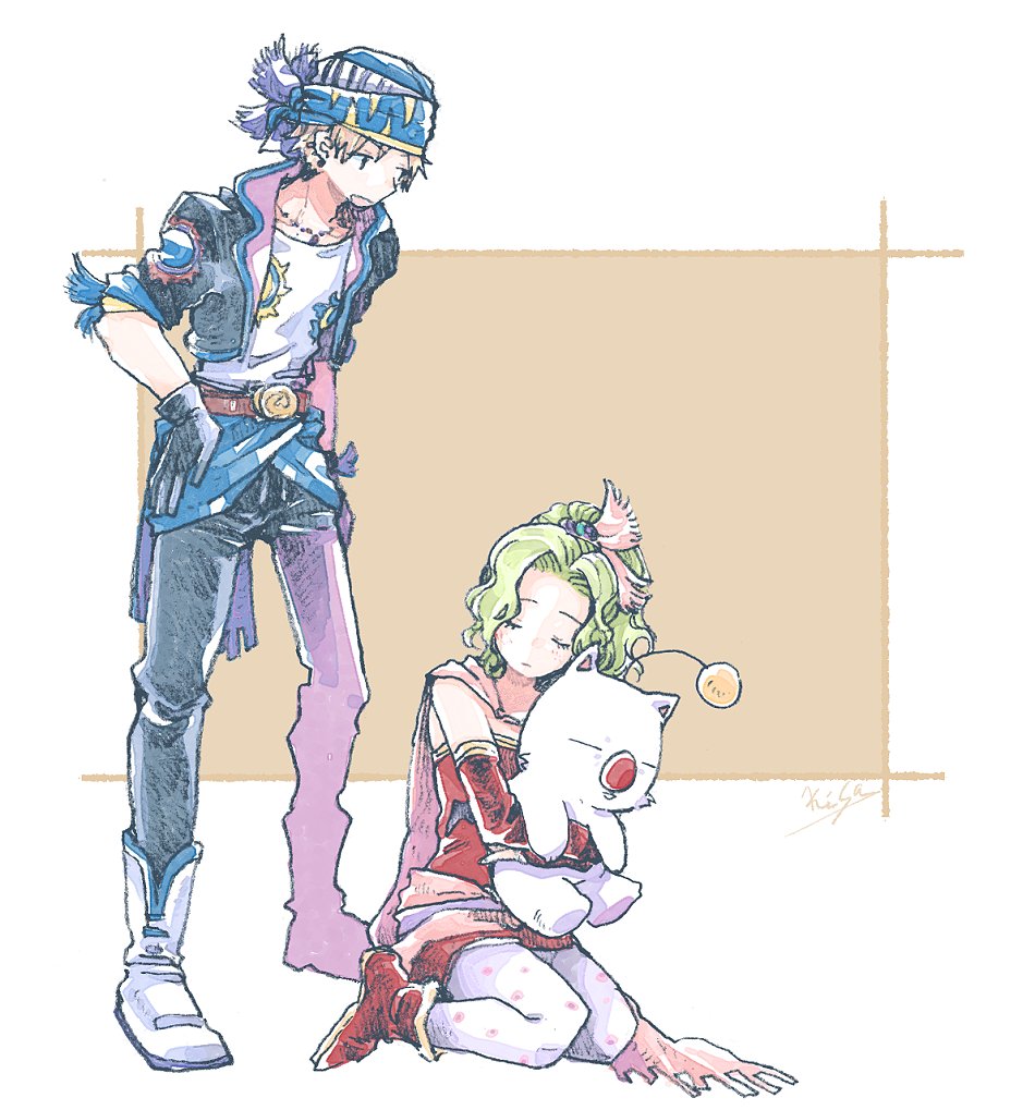 1girl bandana belt blue_bandana blue_jacket boots brown_belt cape closed_eyes closed_mouth detached_sleeves dress earrings final_fantasy final_fantasy_vi gloves green_hair grey_hair hair_ribbon hug jacket jewelry locke_cole michibata_65 moogle necklace on_floor pantyhose parted_bangs purple_cape red_dress red_sleeves ribbon sash signature sleeves_rolled_up tina_branford waist_sash white_pantyhose