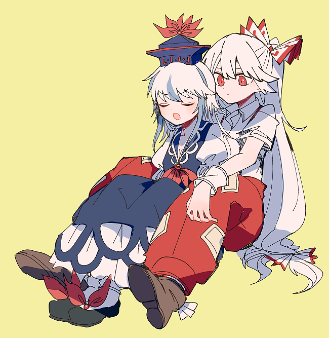 2girls armband black_footwear blue_dress blue_hair blue_headwear blue_vest blush boots bow breasts cleavage closed_eyes closed_mouth dress fujiwara_no_mokou full_body hair_bow hair_ribbon itomugi-kun jewelry kamishirasawa_keine legs_together long_hair multicolored_hair multiple_girls open_mouth pants ponytail puffy_sleeves red_bow red_eyes red_neckwear red_pants ribbon shirt shoes short_sleeves simple_background sitting sitting_on_person socks spread_legs suspenders torn_clothes torn_sleeves touhou two-tone very_long_hair vest white_bow white_hair white_shirt yellow_background