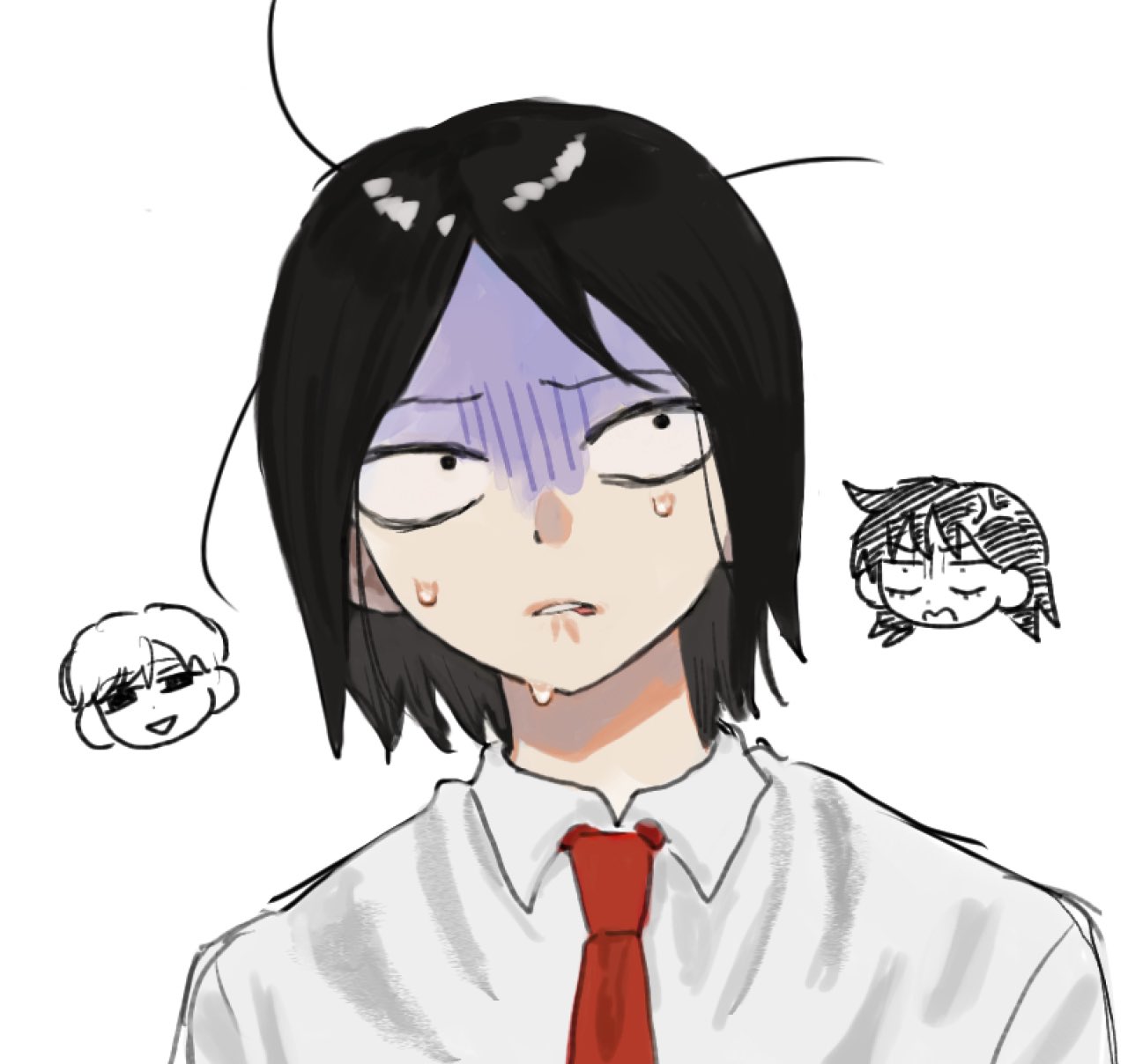 1girl 2boys ay1093mm black_eyes black_hair chibi chibi_inset collared_shirt commentary_request dress_shirt futsuu_no_keion-bu hatono_chihiro head_only highres multiple_boys necktie parted_bangs red_necktie sanpaku school_uniform shaded_face shirt short_hair simple_background solo_focus sweat taguchi_ryuuya takami_kouki turn_pale white_background white_shirt