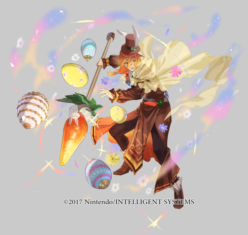 1boy animal_ears brown_eyes circlet copyright_notice easter_egg egg fake_animal_ears fire_emblem fire_emblem_echoes:_shadows_of_valentia fire_emblem_heroes flower full_body grey_background hat hat_with_ears holding holding_polearm holding_weapon long_hair low-tied_long_hair luthier_(fire_emblem) luthier_(spring)_(fire_emblem) male_focus mayo_(becky2006) nintendo official_art orange_hair parted_lips polearm rabbit_ears solo weapon