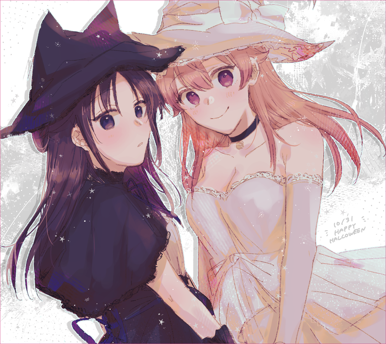 2girls black_choker black_hair black_headwear blush bow breasts choker cleavage elbow_gloves gloves grey_background happy_birthday hat hat_bow long_hair looking_at_viewer medium_breasts miyao_nemu multiple_girls pink_hair purple_eyes red_eyes seriyama_(srym_s) wakatsuki_niko white_background witch_hat witch_watch