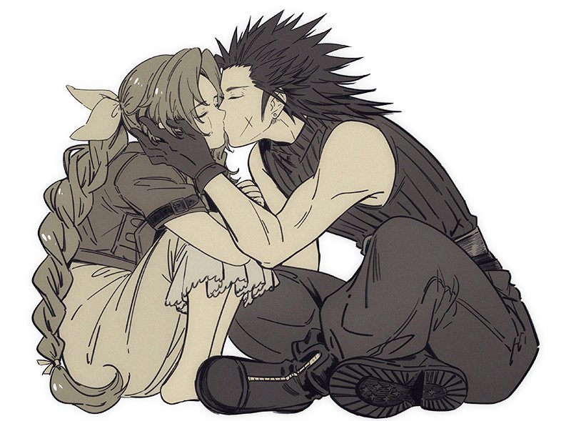1boy 1girl aerith_gainsborough baggy_pants bare_shoulders barefoot boots braid braided_ponytail closed_eyes couple crisis_core_final_fantasy_vii cropped_jacket cross_scar dress earrings facial_scar final_fantasy final_fantasy_vii final_fantasy_vii_rebirth final_fantasy_vii_remake full_body gloves hair_ribbon hand_on_another&#039;s_cheek hand_on_another&#039;s_face hugging_own_legs huosheanng indian_style jacket jewelry kiss knees_up long_hair monochrome open_clothes open_jacket pants parted_bangs pink_ribbon profile ribbed_sweater ribbon scar scar_on_cheek scar_on_face sitting sleeveless sleeveless_turtleneck spiked_hair stud_earrings sweater turtleneck turtleneck_sweater very_long_hair white_background zack_fair