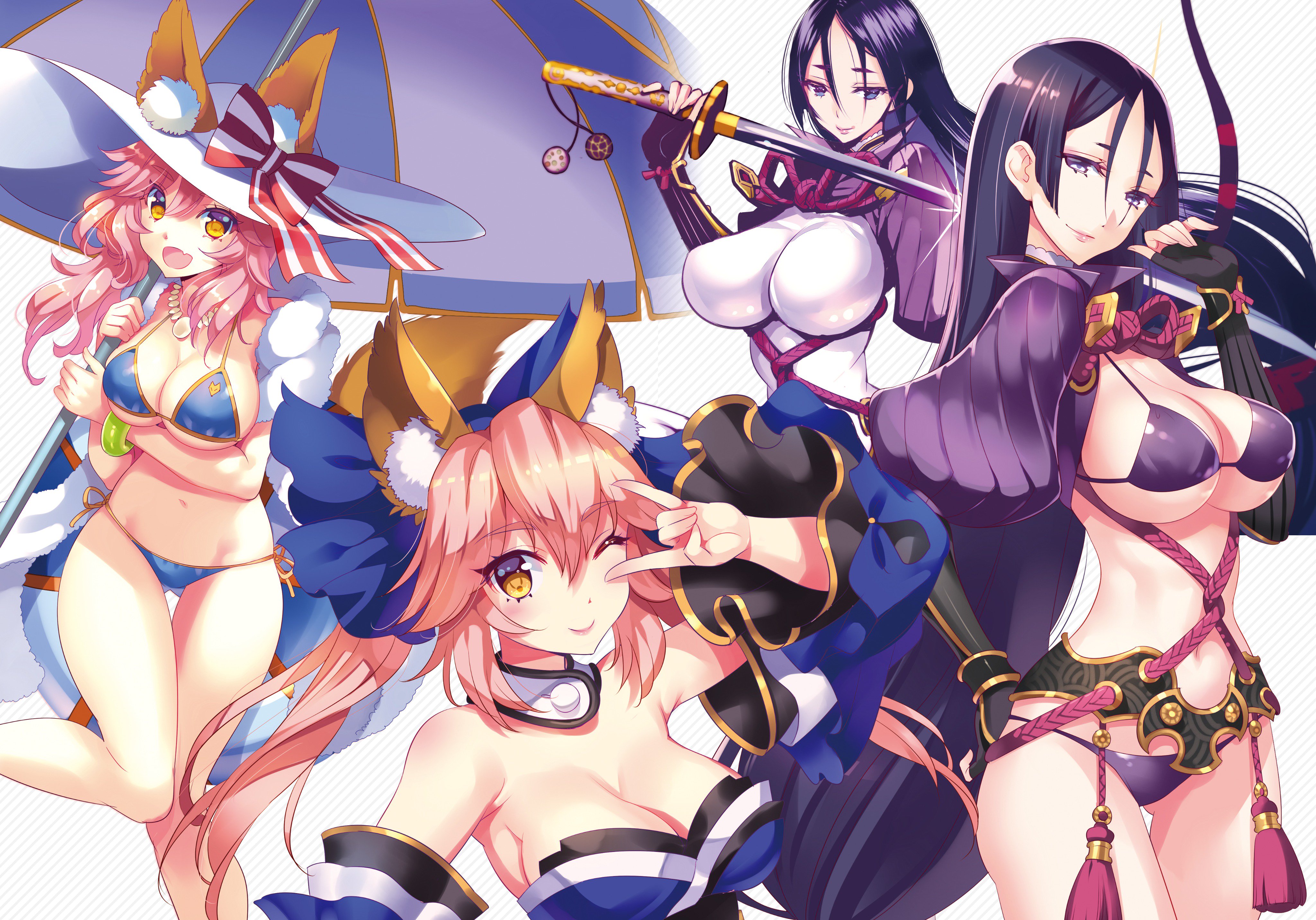 2girls :d \n/ absurdres animal_ears bikini bodysuit breasts coat crop_top detached_sleeves fate/grand_order fate_(series) fingerless_gloves fox_ears fox_tail gloves hat highres holding holding_sword holding_umbrella holding_weapon impossible_bodysuit impossible_clothes katana large_breasts long_hair minamoto_no_raikou_(fate) multicolored_eyes multiple_girls multiple_views nishimura_eri off-shoulder_shirt off_shoulder one_eye_closed open_clothes open_coat open_mouth parted_bangs pink_hair ponytail purple_eyes purple_hair rope shirt simple_background smile standing swimsuit sword tail tamamo_(fate) tamamo_no_mae_(fate) tamamo_no_mae_(swimsuit_lancer)_(fate) tamamo_no_mae_(swimsuit_lancer)_(third_ascension)_(fate) two-tone_eyes umbrella vambraces weapon white_background yellow_background