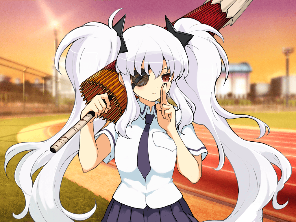 1girl :o blue_necktie blue_skirt blush breast_pocket breasts chain-link_fence closed_umbrella dusk evening eyepatch fence gradient_sky grass hanzou_academy_school_uniform kuji-in large_breasts long_hair looking_at_viewer necktie official_art oil-paper_umbrella open_mouth orange_sky outdoors pleated_skirt pocket red_eyes running_track senran_kagura senran_kagura_new_link senran_kagura_shoujo-tachi_no_shin&#039;ei shirt short_sleeves shuriken shuriken_hair_ornament skirt sky solo sunset twintails umbrella utility_pole weapon white_hair white_shirt yaegashi_nan yagyu_(senran_kagura)