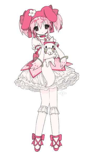 1girl animal_hat bubble_skirt choker cosplay creature dress frilled_dress frilled_sleeves frilled_socks frills full_body hat holding holding_creature kaname_madoka kaname_madoka_(magical_girl) kyubey looking_at_viewer magical_girl mahou_shoujo_madoka_magica mahou_shoujo_madoka_magica_(anime) my_melody my_melody_(cosplay) onegai_my_melody pink_choker pink_dress pink_eyes pink_hair pink_hat pink_shoes puffy_short_sleeves puffy_sleeves rabbit_hat sanrio shoes short_sleeves short_twintails sidelocks skirt socks solo twintails u_emper white_socks