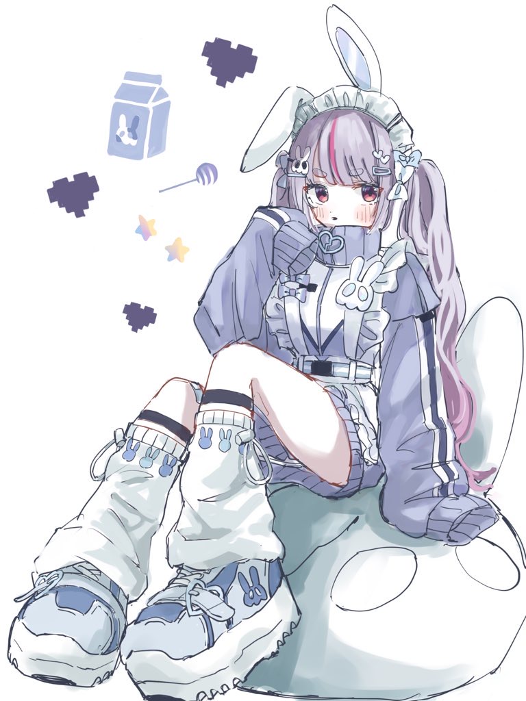 1girl animal_ears apron loose_socks blunt_bangs blush bow calflet candy cattleya_regina_games commentary fake_animal_ears food grey_hair grey_jacket hair_bow hair_ornament hanada_ten heart heart_hair_ornament high_collar jacket jersey_maid lollipop long_hair long_sleeves maid maid_apron maid_headdress milk_carton multicolored_hair multiple_hair_bows pixel_heart rabbit_ears rabbit_hair_ornament shoes sitting sleeves_past_fingers sleeves_past_wrists sneakers socks solo star_(symbol) streaked_hair thick_eyebrows tosaki_mimi tosaki_mimi_(4th_costume) track_jacket twintails unconventional_maid virtual_youtuber vspo! white_background white_shoes white_socks