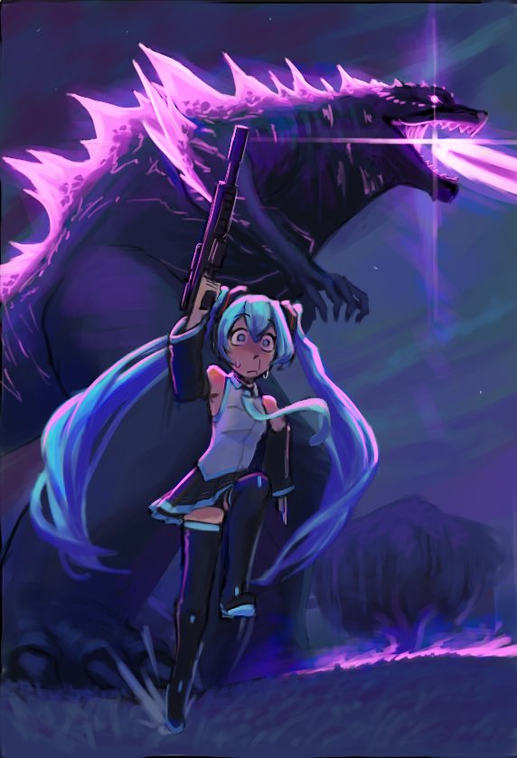1girl aqua_eyes aqua_hair aqua_necktie atomic_breath black_footwear black_skirt black_sleeves boots breath_weapon crossover detached_sleeves dinosaur energy energy_beam fortnite glowing godzilla godzilla_(monsterverse) godzilla_(series) godzilla_evolved godzilla_x_kong:_the_new_empire grey_shirt gun hatsune_miku headset holding holding_gun holding_weapon kaiju king_kong_(series) legendary_pictures long_hair monsterverse mouth_beam multiple_crossover necktie night outdoors plasma plasma_beam running shirt skirt sweat thigh_boots toho very_long_hair vocaloid vortexexe3 weapon wide-eyed