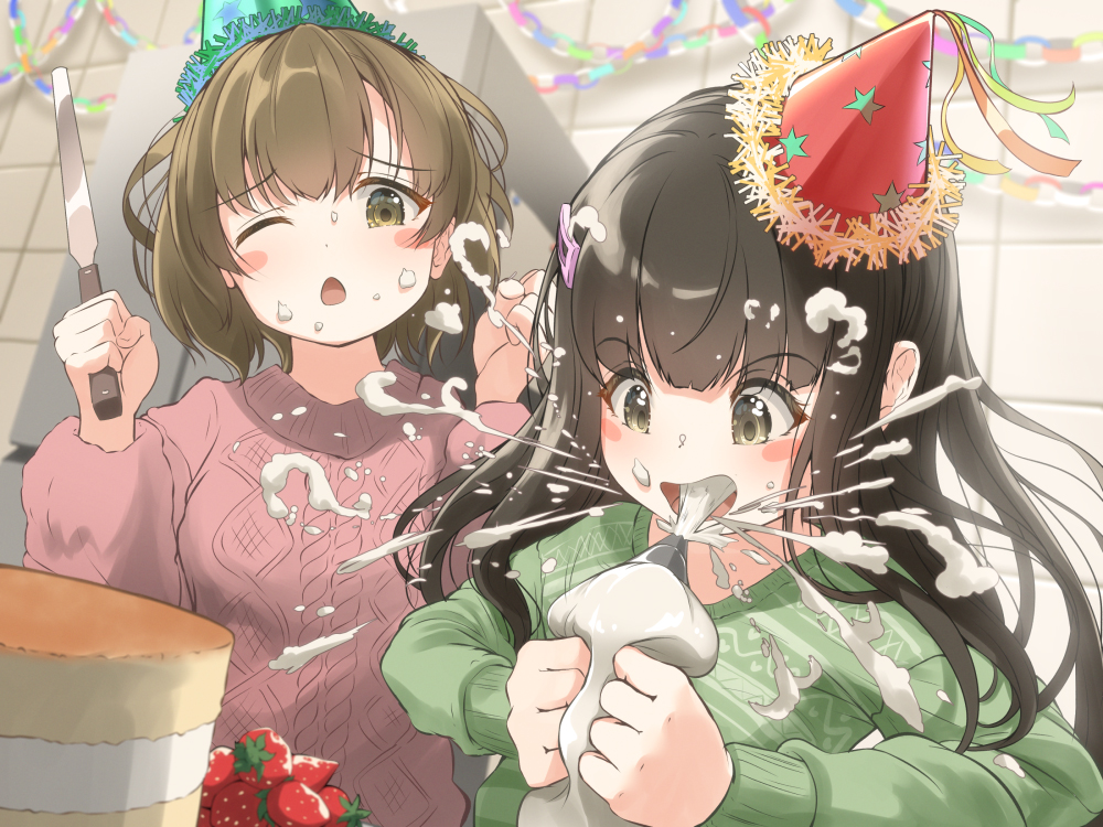 2girls aran_sweater baking black_hair blush blush_stickers bob-cut_neighbor_girl_(tachiinu) bob_cut breasts brown_eyes brown_hair cable_knit cake clenched_hands commentary food food_in_mouth food_on_face fruit green_sweater hair_ornament hairclip hands_up hat holding holding_pastry_bag holding_spatula icing kitchen long-haired_neighbor_girl_(tachiinu) long_hair loose_hair_strand messy messy_hair multiple_girls one_eye_closed open_mouth original paid_reward_available paper_chain party party_hat pastry_bag pink_sweater raised_eyebrows refrigerator short_hair small_breasts spatula squeezing star_(symbol) strawberry striped_clothes striped_sweater suggestive_fluid surprised sweater tachiinu tile_wall tiles tilted_headwear upper_body