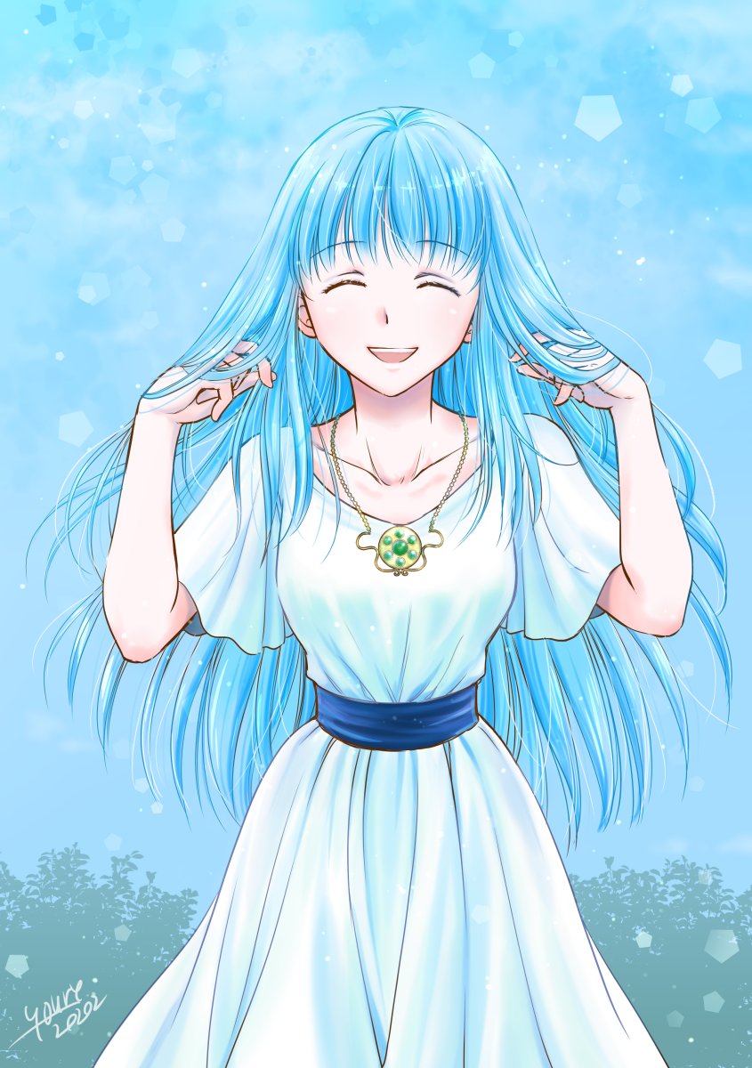 1girl ^_^ alternate_hairstyle ancient_ys_vanished blue_hair blue_sash closed_eyes collarbone commentary_request dress feena_(ys) fushimi_yuuri gold_necklace hair_down highres jewelry long_hair necklace open_mouth sash signature smile solo standing white_dress ys