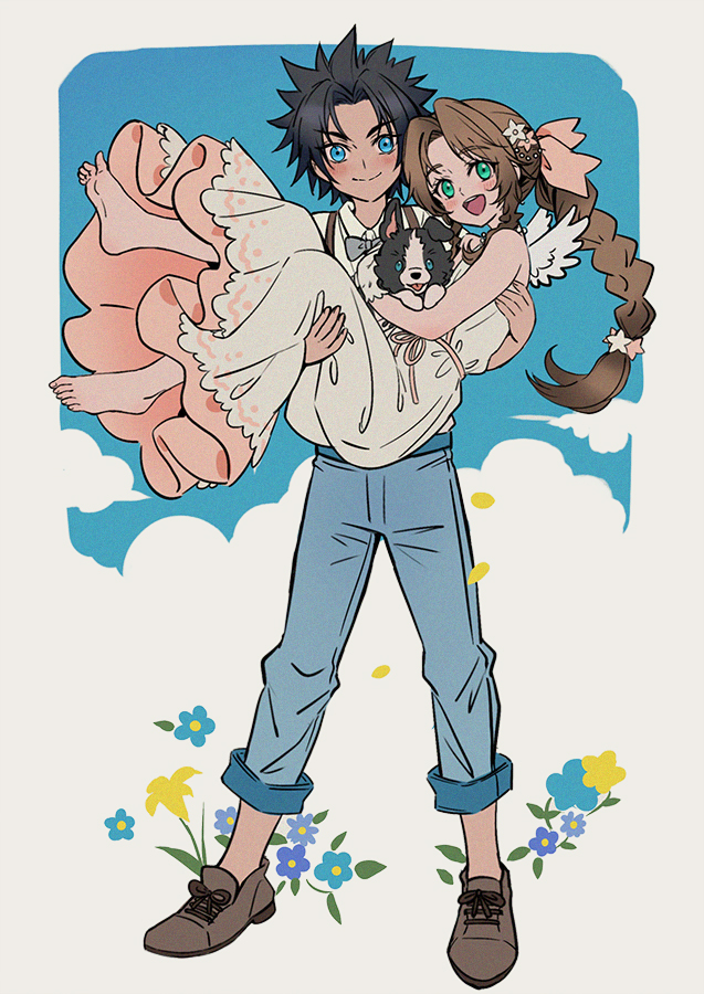 1boy 1girl aerith_gainsborough aged_down alternate_costume angel_wings animal bare_shoulders barefoot black_hair blue_eyes blue_pants blush bow bowtie braid braided_ponytail brown_footwear brown_hair carrying closed_mouth collared_shirt couple crisis_core_final_fantasy_vii denim dog dress feet final_fantasy final_fantasy_vii final_fantasy_vii_rebirth final_fantasy_vii_remake flower full_body green_eyes grey_bow grey_bowtie hair_flower hair_ornament hair_ribbon huosheanng jeans long_hair looking_at_viewer open_mouth pants parted_bangs pink_ribbon princess_carry ribbon shirt smile spiked_hair standing white_dress white_shirt white_wings wings zack_fair