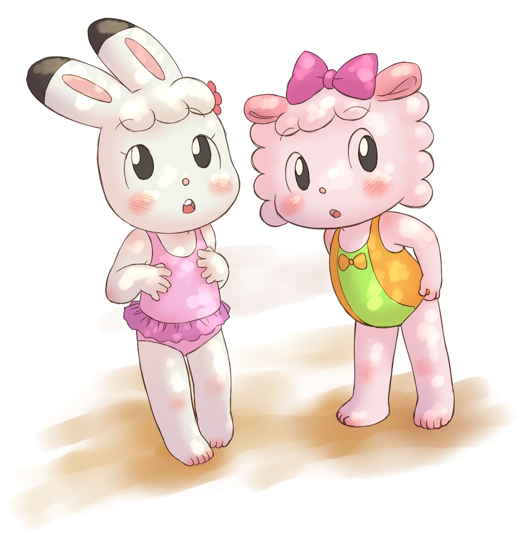 2girls animal animal_ears barefoot black_eyes blush bow flat_chest flower furry hair_bow hair_flower hair_ornament hands_on_own_chest leaning_forward loli looking_up makiba_ramurin midorihara_mimirin multiple_girls one-piece_swimsuit open_mouth orange_bow orange_one-piece_swimsuit pink_bow pink_flower pink_fur pink_one-piece_swimsuit rabbit rabbit_ears rabbit_girl sheep sheep_ears sheep_girl shima_shima_tora_no_shimajirou standing swimsuit swimsuit_skirt white_fur yamanokonza
