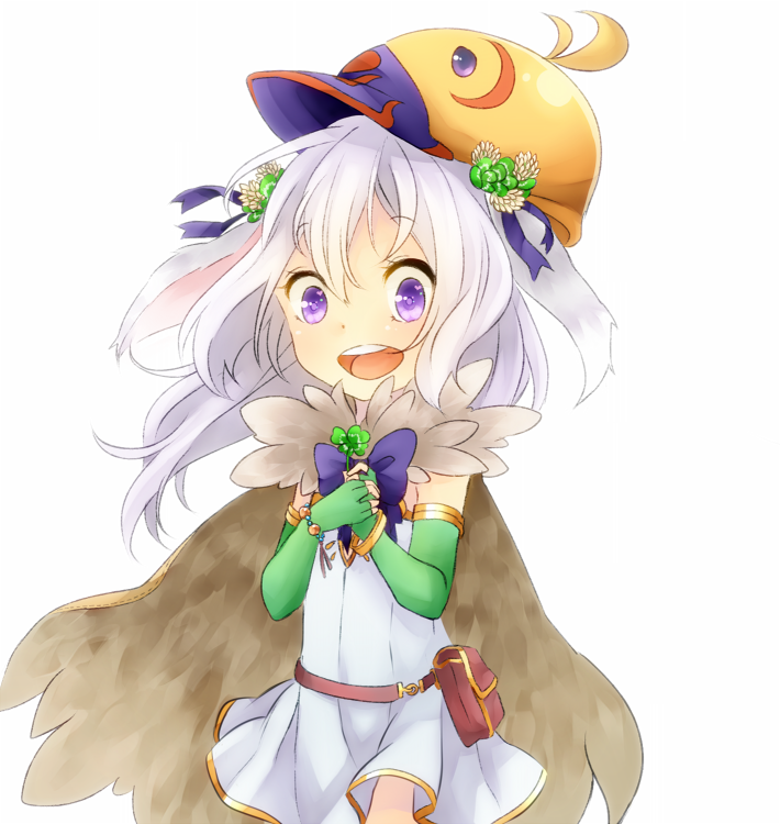 1girl alchemist_(ragnarok_online) alternate_color bird_hat bow bowtie brown_cape cape clover commentary_request cowboy_shot dress elbow_gloves fingerless_gloves four-leaf_clover fur_collar gloves green_gloves holding holding_clover long_hair looking_at_viewer meiko_(nattu303) open_mouth peco_peco purple_bow purple_bowtie purple_eyes ragnarok_online simple_background smile solo strapless strapless_dress teeth upper_teeth_only white_background white_dress white_hair