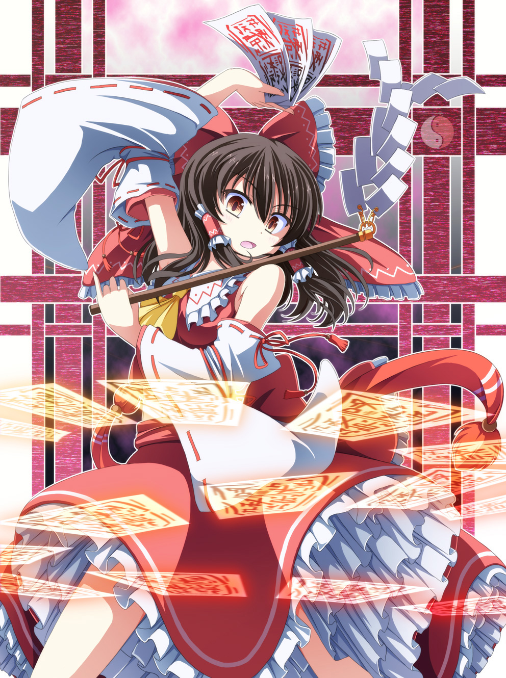 1girl arm_up armpits ascot black_hair bow brown_eyes brown_hair detached_sleeves female_focus frills gohei hair_bow hair_tubes hakurei_reimu highres open_mouth shirt skirt skirt_set solo spell_card touhou tri yin_yang