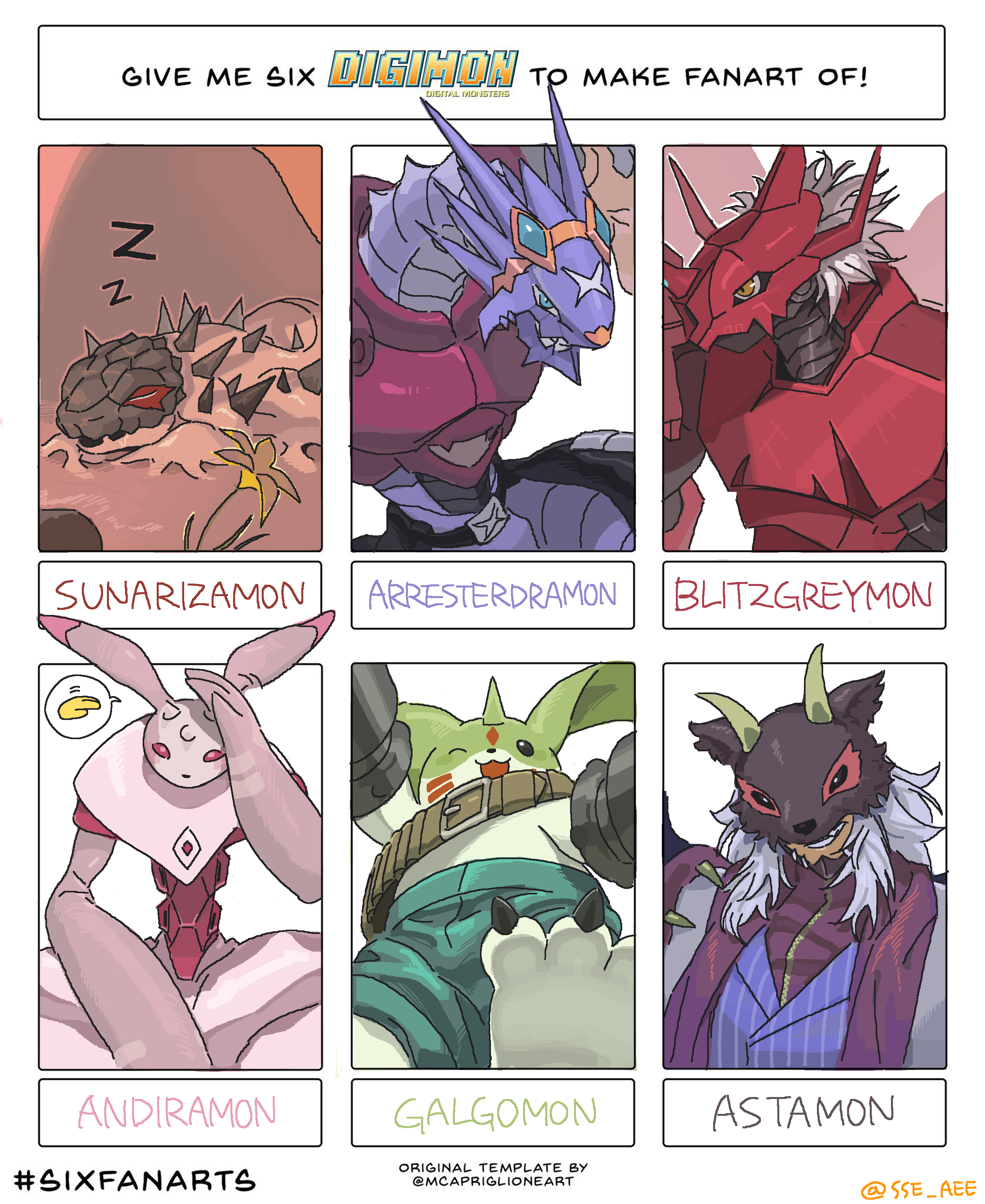 absurdres andiramon arresterdramon astamon black_eyes blitzgreymon digimon digimon_(creature) galgomon highres horns mask one_eye_closed red_eyes sunarizamon wink