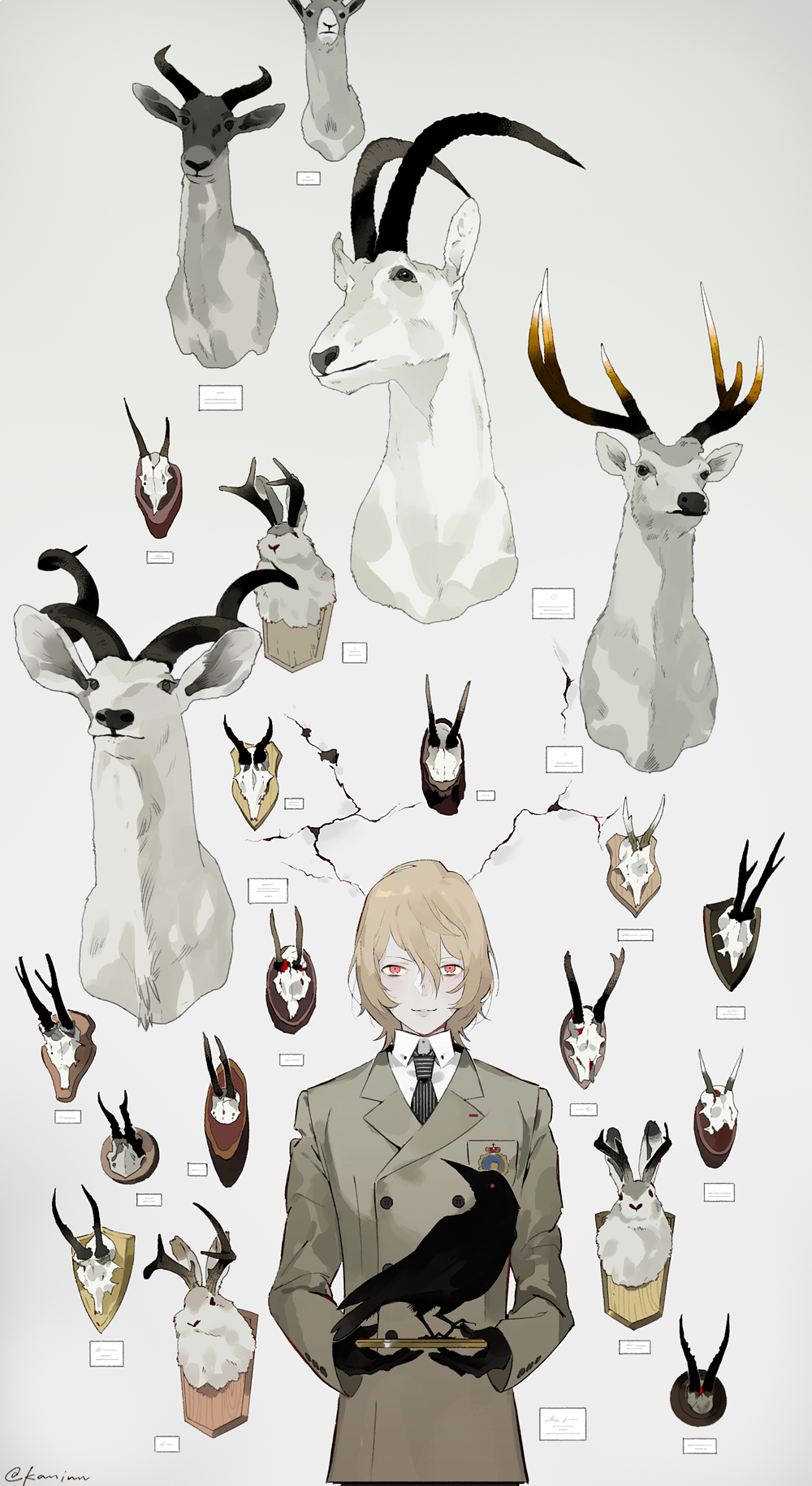 10s 1boy akechi_gorou animal_skull badge bird black_gloves black_necktie blazer brown_hair buttons closed_mouth collared_shirt crow deer_head dress_shirt gloves grey_background hair_between_eyes highres holding jacket kaninn long_sleeves looking_at_viewer male_focus necktie persona persona_5 rabbit_head raven red_eyes shirt signature smile solo striped_clothes striped_necktie striped_neckwear taxidermy trophy_head twitter_username upper_body vertical-striped_clothes vertical-striped_necktie white_shirt