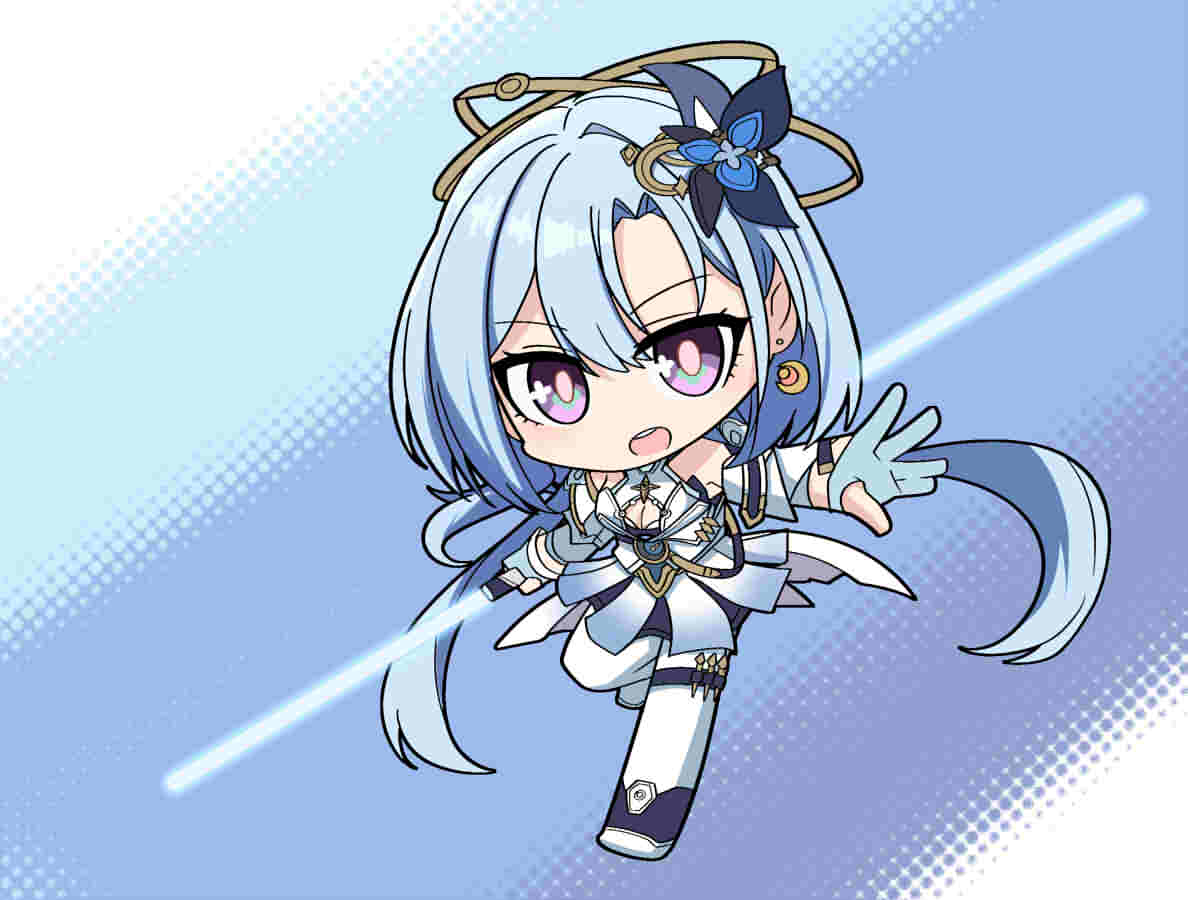 1girl adversarial_noise black_boots black_dress blue_hair boots breasts chibi cleavage cleavage_cutout clothing_cutout commentary_request double_bladed_lightsaber dress energy_sword full_body griseo griseo_(cosmic_expression) hair_between_eyes holding holding_weapon honkai_(series) honkai_impact_3rd lightsaber long_hair looking_at_viewer medium_breasts nabeiro_kin open_mouth pantyhose purple_eyes solo standing standing_on_one_leg sword very_long_hair weapon white_pantyhose