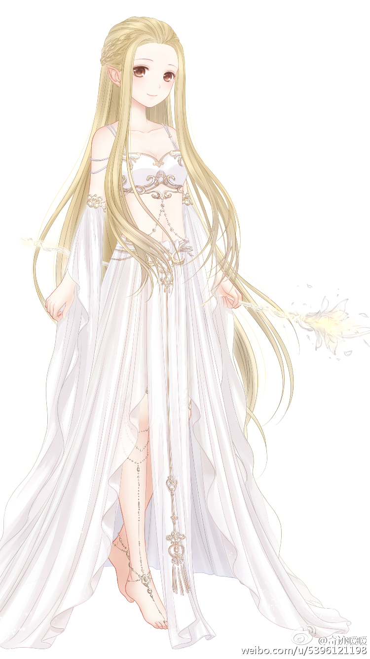 1girl armlet artist_request bare_shoulders barefoot barefoot_sandals_(jewelry) blonde_hair braid breasts brown_eyes chinese_commentary cleavage closed_mouth commentary_request detached_sleeves dot_nose elf flower forehead full_body glowing_flower half_up_braid happy high-waist_skirt highres holding holding_flower jewelry light_blush long_hair long_sidelocks long_skirt long_sleeves midriff miracle_nikki navel nikki_(series) official_art petals pleated_skirt pleated_sleeves pointy_ears second-party_source sidelocks simple_background skirt smile solo standing strapless toes tube_top very_long_hair watermark weibo_watermark white_background white_flower white_skirt white_sleeves white_tube_top wide_sleeves