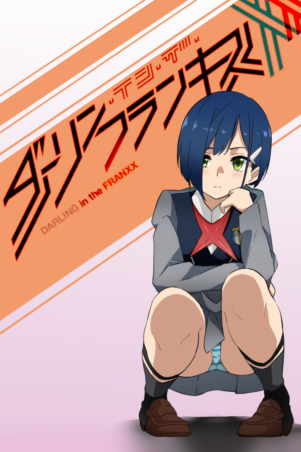 1girl arms_under_breasts ass asymmetrical_hair black_dress blue_hair blue_panties blush bob_cut breasts brown_shoes closed_mouth collared_shirt commentary copyright_name darling_in_the_franxx dress dress_shirt elbow_on_thigh elbow_rest expressionless full_body gradient_background green_eyes grey_dress hair_ornament hair_over_one_eye hairclip hand_on_own_chin head_rest highres ichigo_(darling_in_the_franxx) kneehighs loafers long_sleeves looking_at_viewer military_uniform orange_background panties pantyshot pigeon-toed pink_background pleated_dress shadow shirt shoes short_hair small_breasts socks solo squatting striped_clothes striped_panties syun_the_ride translated underwear white_background white_panties white_shirt white_socks
