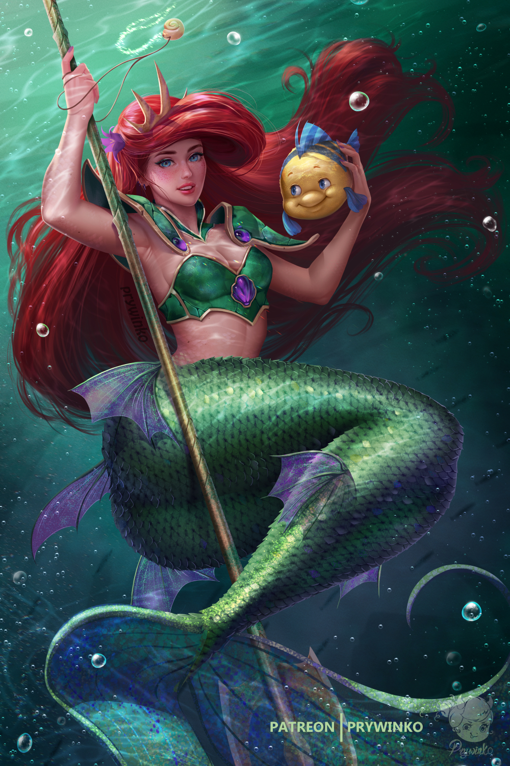 1girl air_bubble ariel ariel_(disney) ass blue_eyes bra breasts bubble cleavage disney flounder_(the_little_mermaid) freckles green_bra highres holding_polearm holding_weapon long_hair looking_at_viewer mermaid monster_girl open_mouth polearm prywinko red_hair small_breasts teeth the_little_mermaid_(disney) trident underwater underwear upper_teeth_only weapon