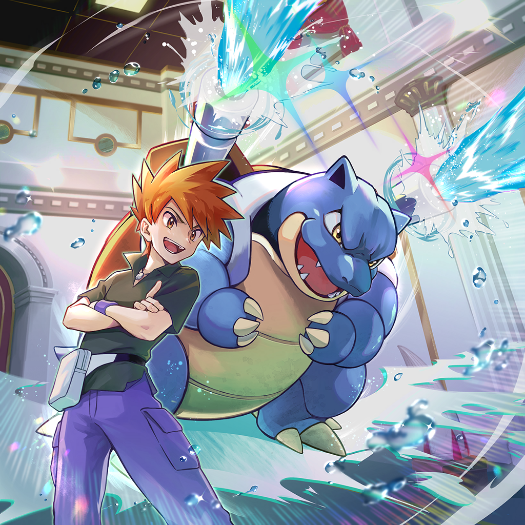 1boy :d black_shirt blastoise blue_oak blue_pants cannon collared_shirt crossed_arms gen_1_pokemon indoors jewelry male_focus matsuno_tika necklace nintendo official_art open_mouth orange_eyes orange_hair pants pokemon pokemon_(creature) pokemon_frlg pokemon_tcg pokemon_tcg_pocket sharp_teeth shirt short_hair short_sleeves smile spiked_hair teeth third-party_source water water_drop white_bag yellow_eyes