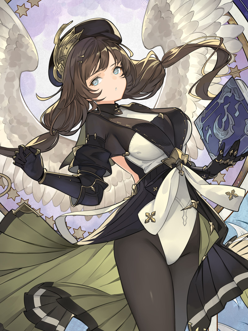 1girl angel_wings black_gloves black_hat blue_eyes book breasts brown_hair clothing_cutout elbow_gloves feathered_wings gloves granblue_fantasy hat holding holding_book long_hair looking_at_viewer low_twintails osamu_(jagabata) pantyhose raziel_(granblue_fantasy) side_cutout skirt solo twintails wings