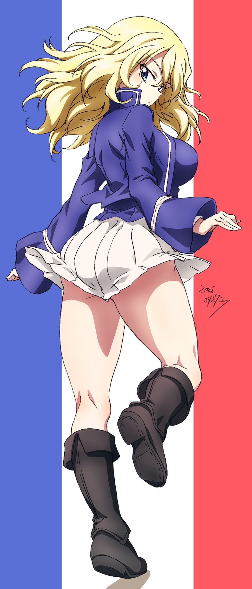 1girl ass bc_freedom_military_uniform black_boots blonde_hair blue_eyes blue_jacket blue_shirt boots breasts brown_boots collared_shirt erakin french_flag from_behind full_body girls_und_panzer highres jacket large_breasts long_hair long_sleeves looking_at_viewer looking_back miniskirt oshida_(girls_und_panzer) pleated_skirt shirt signature skirt solo thighs wavy_hair white_skirt