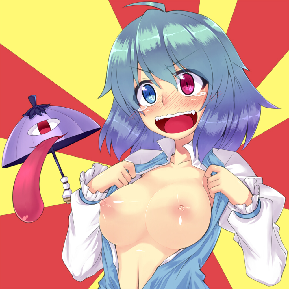 &gt;:) &gt;:d 1girl :d ahoge blue_hair blush breasts breasts_out collarbone commentary_request embarrassed female_focus flashing full-face_blush heterochromia juliet_sleeves karakasa_obake long_sleeves looking_at_viewer macedonian_flag medium_breasts navel nipples no_bra one-eyed open_clothes open_mouth open_shirt puffy_nipples puffy_sleeves revision ringed_eyes saemon_(tonpura) shiny_skin shirt short_hair smile solo sunburst tareme tatara_kogasa teardrop tears tongue tongue_out touhou umbrella upper_body v-shaped_eyebrows wavy_mouth