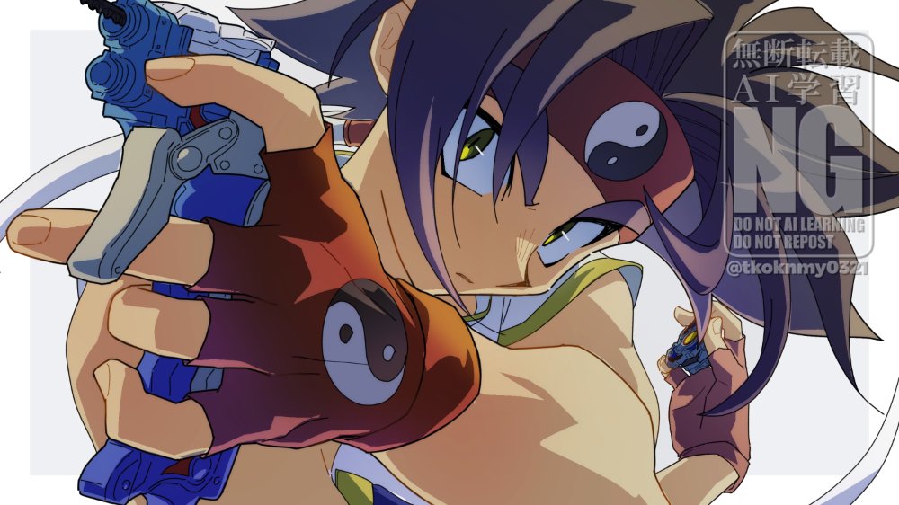 1boy bakuten_shoot_beyblade beyblade beyblade_(object) black_hair chinese_clothes fingerless_gloves gloves grey_background headband holding kon_rei long_hair male_focus red_gloves red_headband shirt solo tkoknmy0321 twitter_username upper_body watermark white_shirt yin_yang yin_yang_print