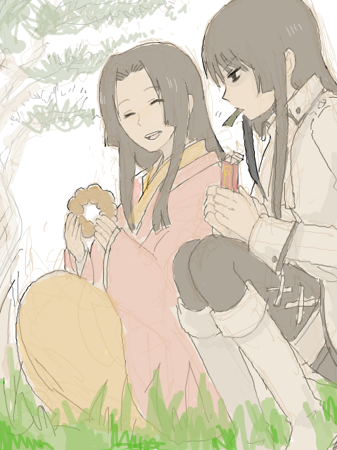 2girls black_eyes black_hair blunt_bangs boots closed_eyes donut female_focus food gintama grass hime_cut holding holding_food imai_nobume japanese_clothes kimono long_hair mouth_hold multiple_girls open_mouth sitting tokugawa_soyo tree yiu06262